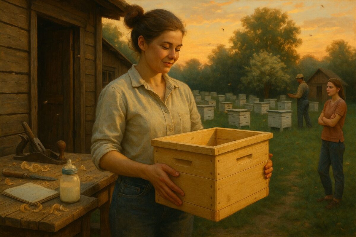 Женщина 28 лет с деревянным ульем в руках на фоне пасеки и мастерской, вечернее освещение