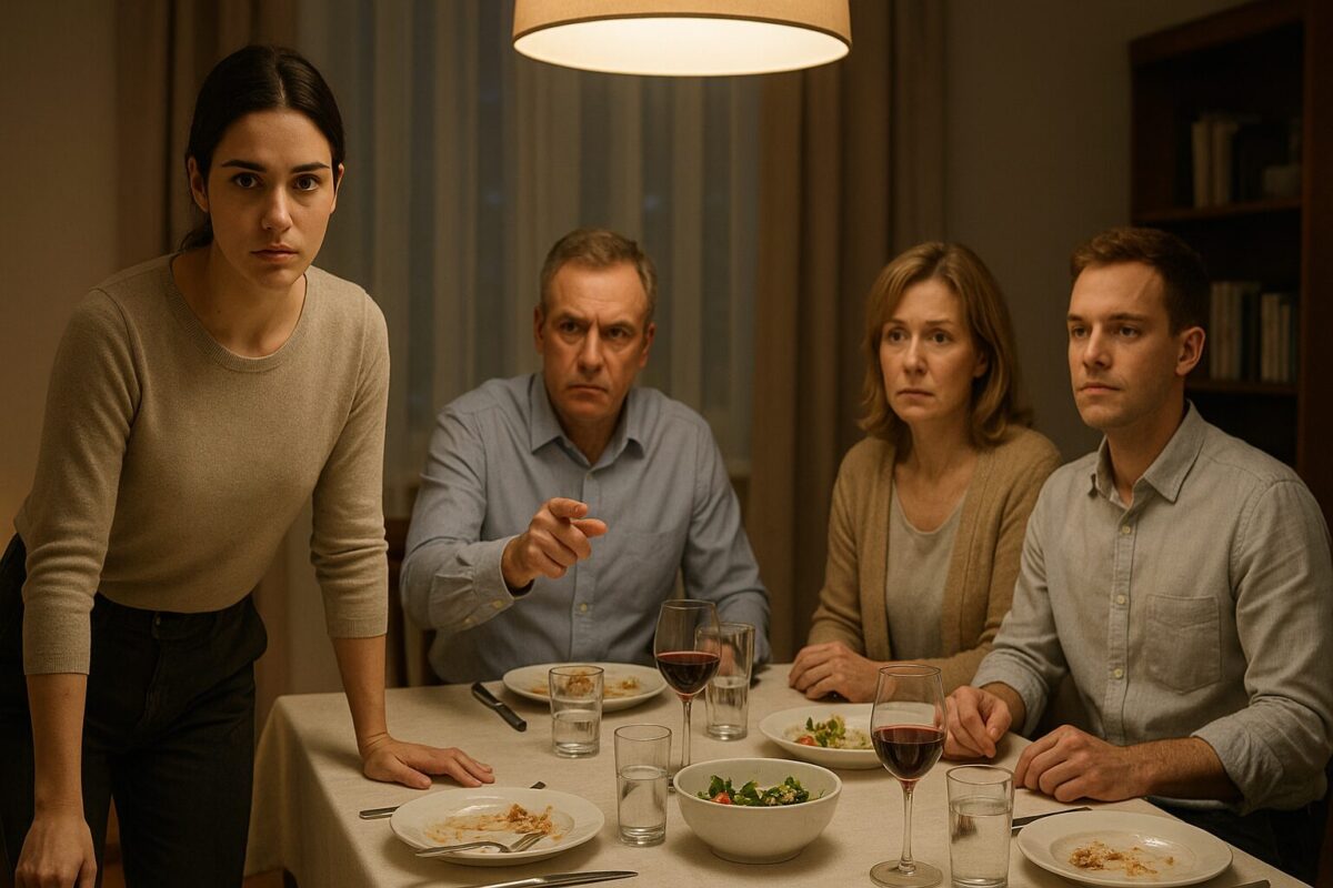 Создай ультрареалистичную профессиональную фотосессию с мягким освещением. Детальное техническое задание для иллюстрации: Композиция: Семейный ужин за большим столом в современной столовой или гостиной. На переднем плане — молодая женщина (Кира, 23 года) встаёт из-за стола, её поза выражает протест и решимость. Она смотрит прямо на зрителя или на сидящего напротив отца (Артём Романович, 52 года, в деловой рубашке, строгое лицо). За столом также сидят мать (Марина Александровна, 50 лет, обеспокоенное выражение лица) и молодой мужчина (Никита, 27 лет, спокойный, в рубашке). Персонажи: Кира — 23 года, молодая женщина, тёмные волосы собраны или распущены, современная неброская одежда (блузка или свитер), решительное выражение лица, стоит или привстаёт от стола Артём Романович — 52 года, средних лет мужчина в строгой рубашке, волевое лицо, сидит во главе стола, жест руки — указующий или авторитарный Марина Александровна — 50 лет, ухоженная женщина, светлые или русые волосы, домашняя элегантная одежда, тревожный взгляд, сидит сбоку Никита — 27 лет, молодой мужчина, короткая стрижка, в светлой рубашке, спокойная поза, сидит за столом Обстановка и локация: Современная гостиная или столовая в городской квартире. Большой обеденный стол с белой скатертью, на столе — посуда, остатки ужина, бокалы. Фон — окна с лёгкими шторами (вечернее время), книжный шкаф или современная мебель. Освещение — тёплое, от люстры над столом. Интерьер в тёплых бежево-коричневых тонах. Атмосфера и настроение: Напряжённость семейного конфликта, момент противостояния. Контраст между старшим и младшим поколением. В воздухе — тяжесть недосказанности и решимость молодых. Драматическое, но не агрессивное настроение. Свет падает так, чтобы выделить лицо Киры — главной героини. Технические параметры: Формат: 16:9 (горизонтальная ориентация) Стиль: русский реализм, живописность Цветовая гамма: тёплые тона (бежевый, коричневый, золотистый), приглушённое освещение Детализация: высокая, прорисовка лиц и эмоций, реалистичная передача интерьера Настроение: психологическая драма, семейный конфликт, момент истины