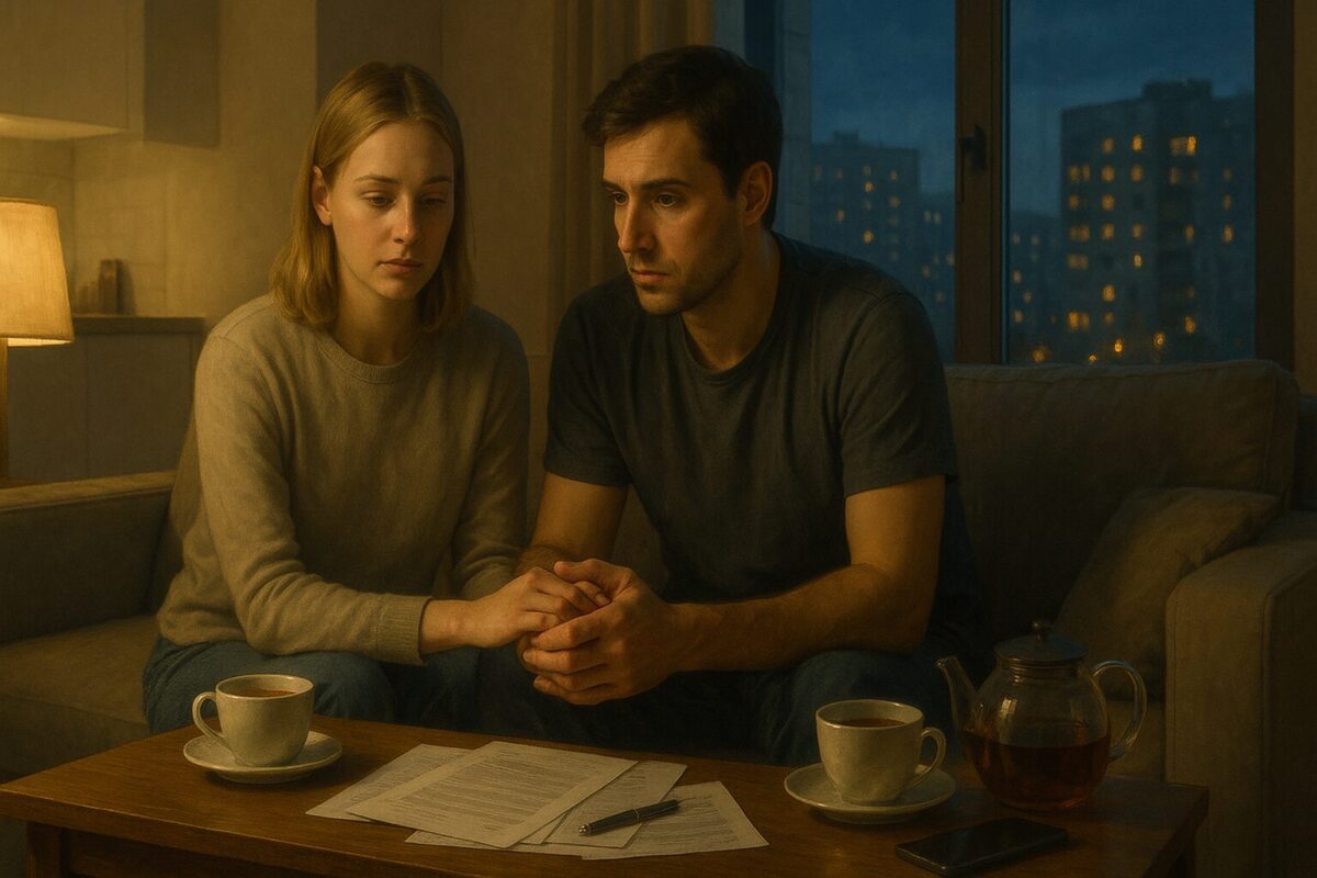 Молодая пара обсуждает семейные границы за столом в современной квартире, держась за руки в момент важного разговора