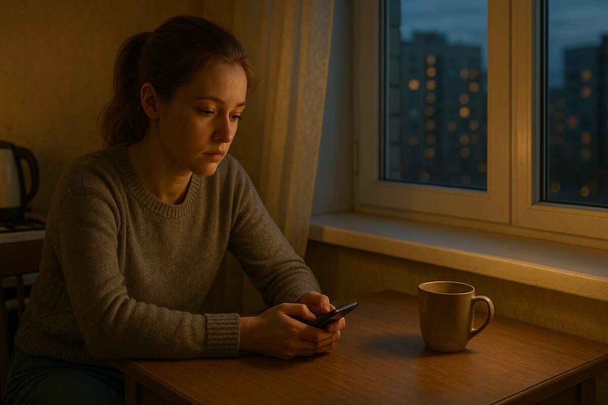 Молодая женщина с телефоном на кухне вечером, задумчивая, решает сложный семейный вопрос о границах