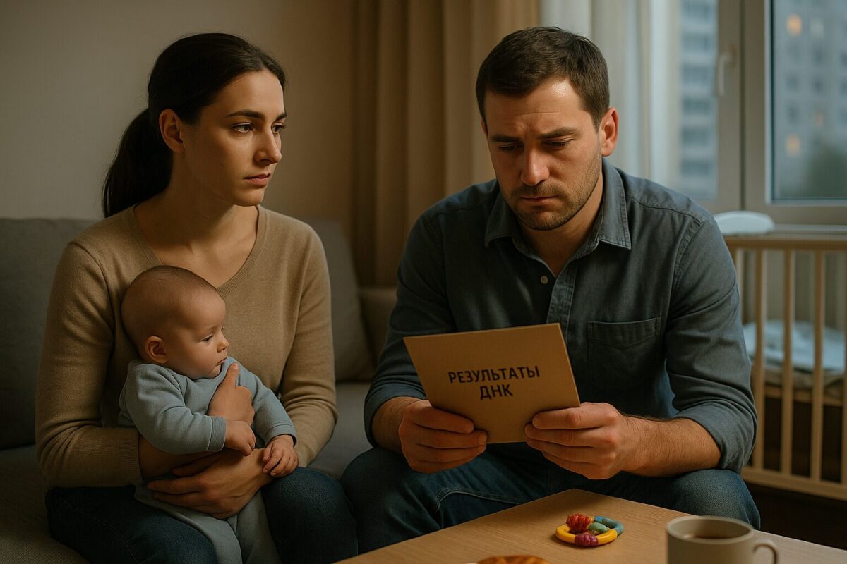 Мужчина с конвертом с результатами ДНК-теста и женщина с младенцем в квартире, момент семейного кризиса и выбора между доверием и