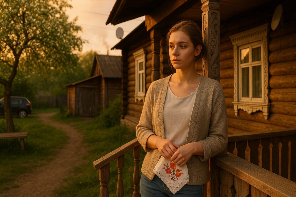 Молодая женщина на крыльце старинного деревянного дома с резными наличниками держит вышитую салфетку на фоне яблоневого сада