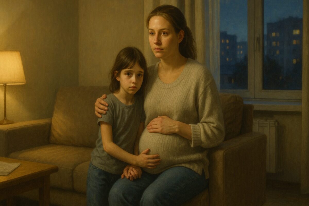 Беременная женщина с девочкой-сиротой рассматривают старинную брошь. Трогательная сцена опеки и материнской заботы