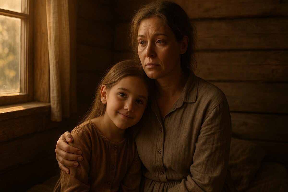 Женщина и девочка у окна в деревенском доме, тёплый свет и спокойная улыбка