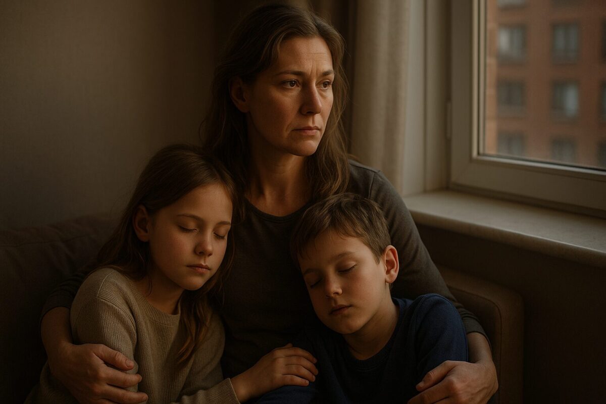 Мать обнимает спящих детей у окна в вечернем свете, чувствуя покой и освобождение.