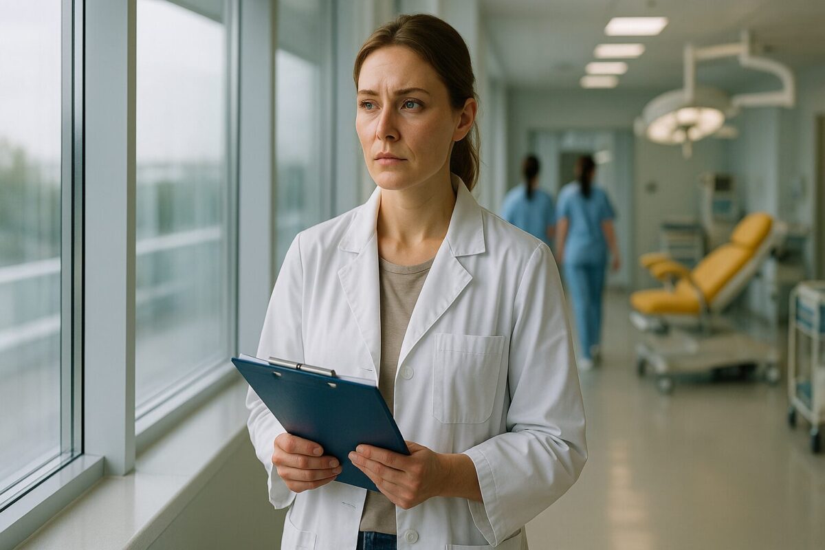 Врач-акушер в белом халате стоит у окна родильного отделения, держа в руках медицинскую карту — историю второго шанса