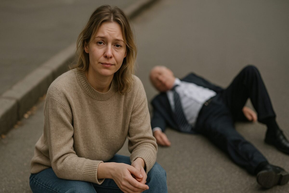 Молодая женщина помогает упавшему пожилому мужчине на вечернем городском тротуаре. Осень, уличное освещение