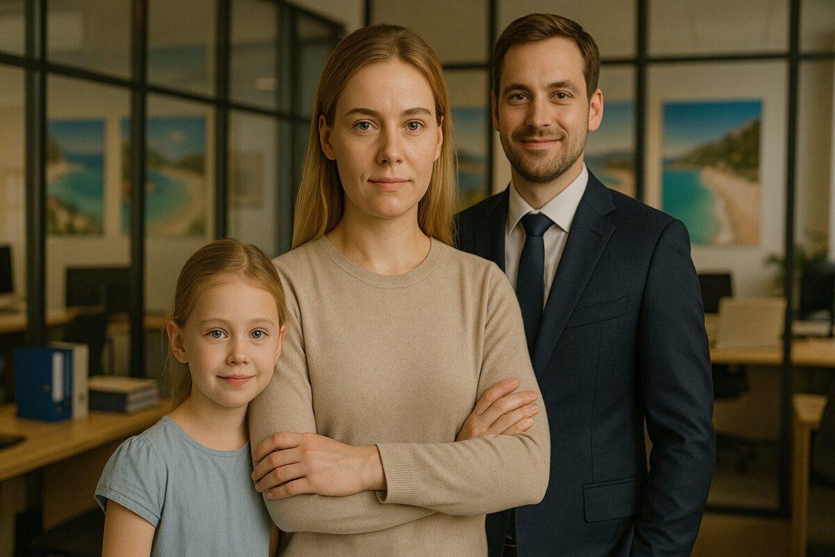 Молодая женщина со шрамом на лице стоит в офисе турагентства рядом с дочерью и коллегой, символизируя преодоление трудностей