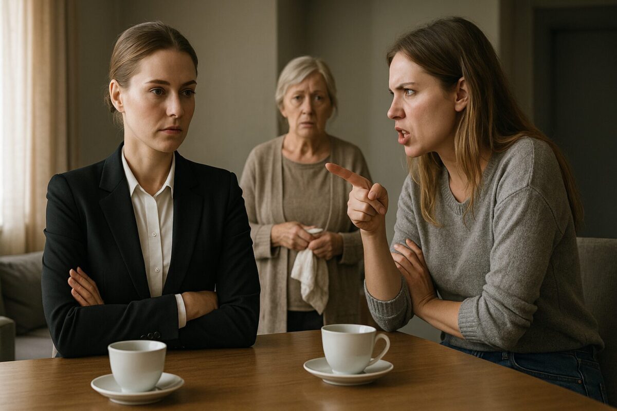 Две сестры ссорятся за столом, старшая указывает пальцем, младшая сидит, скрестив руки на груди, мать плачет в стороне