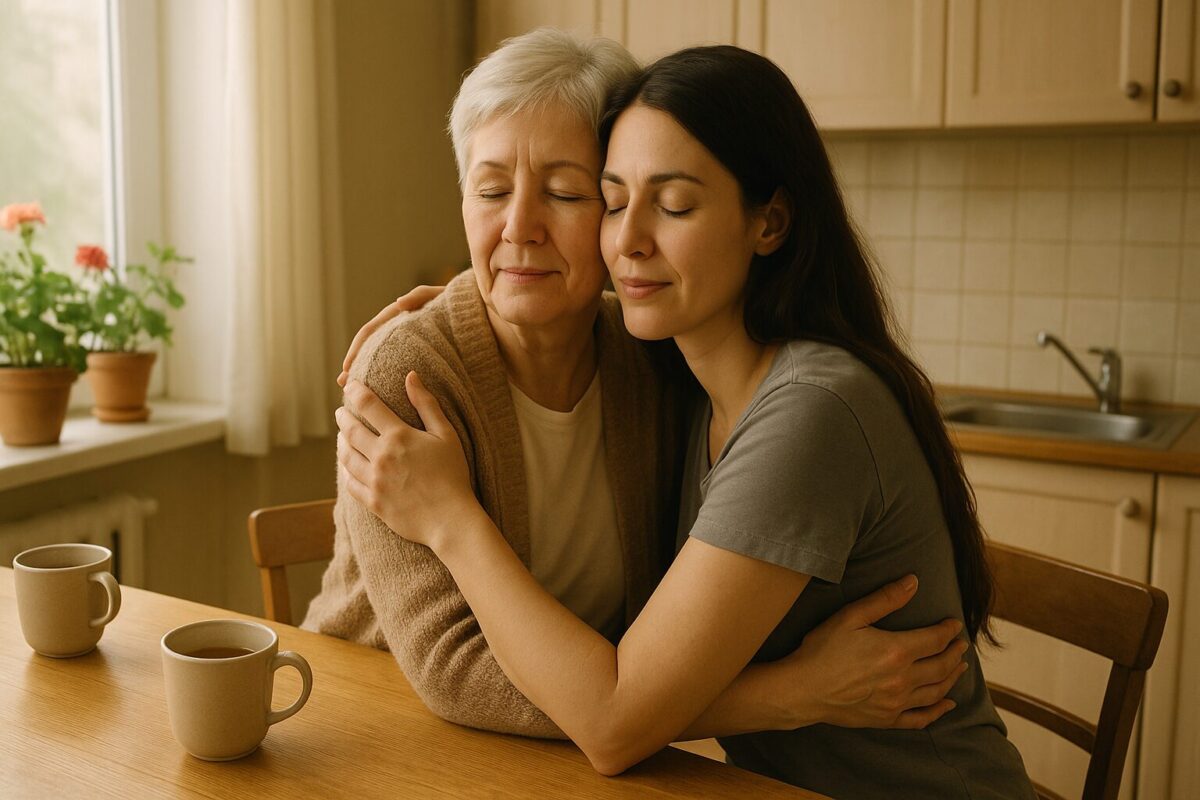 Мать и дочь обнимаются на кухне после примирения. Тёплая семейная сцена, русский реализм, история о прощении
