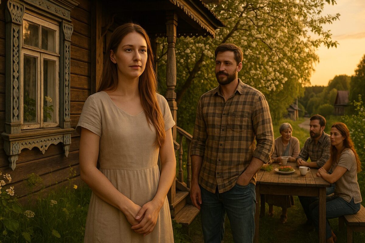 Женщина и мужчина на крыльце старого деревенского дома в окружении цветущего сада на закате