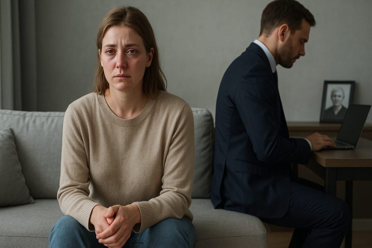 Женщина плачет на диване, а её муж работает за ноутбуком, не обращая внимания на её горе после похорон матери