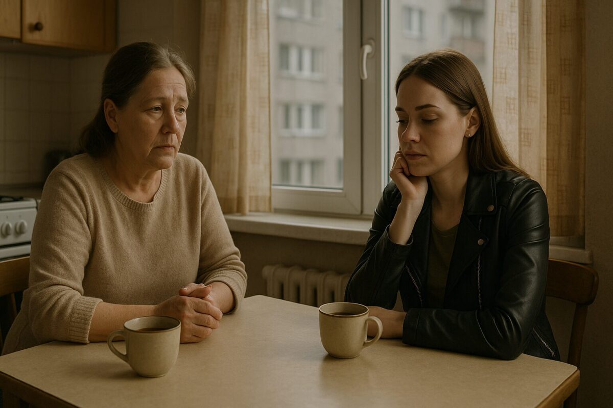 Мать и взрослая дочь за кухонным столом ведут серьёзный разговор, пьют чай, в доме царит атмосфера примирения