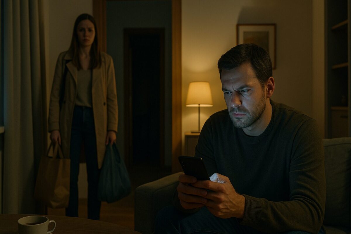 Конфликт супругов в квартире: муж с телефоном на диване, жена в дверях, атмосфера недоверия и напряжения