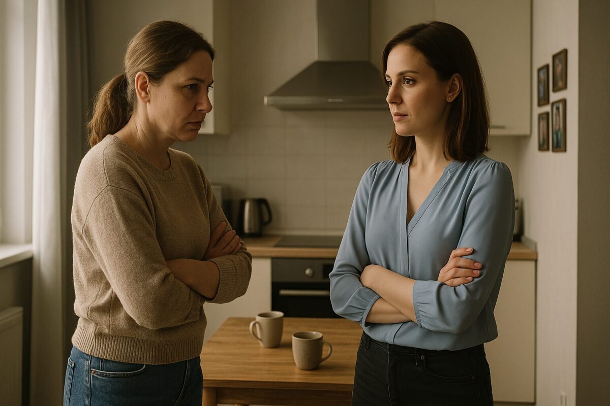 Две сестры на кухне во время напряжённого разговора о личных границах и семейных отношениях