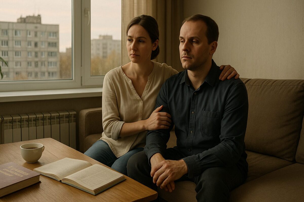 Женщина обнимает незрячего мужа в домашней обстановке, демонстрируя поддержку и верность в трудной ситуации