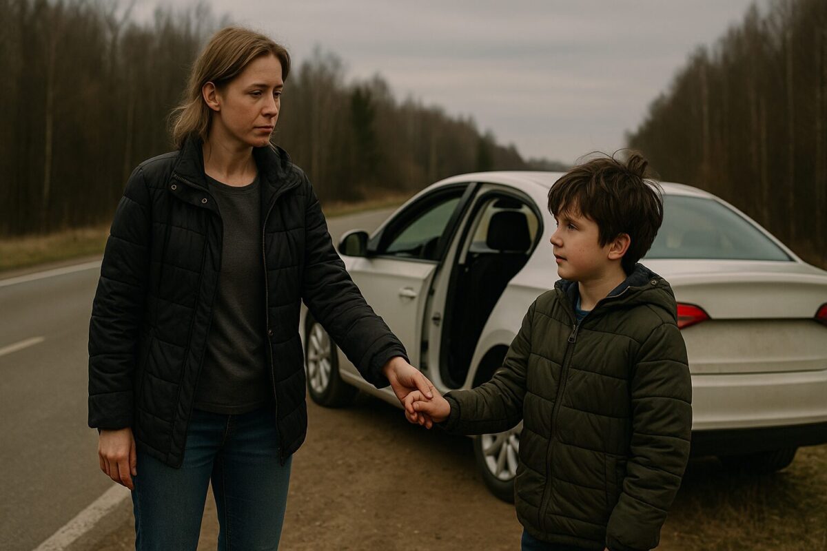 Женщина останавливается, чтобы помочь ребёнку на осенней трассе