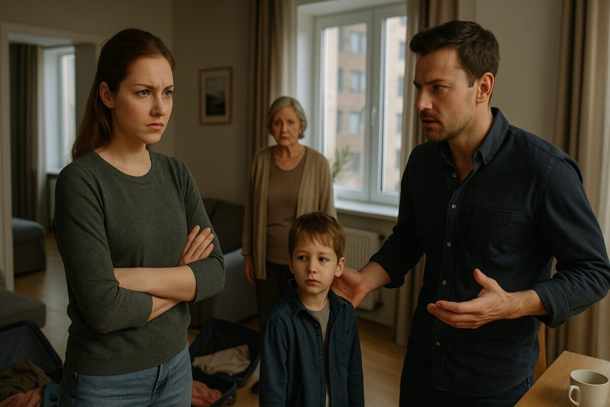 Молодая женщина с решительным выражением лица стоит в дверях квартиры, за её спиной — растерянная пара с чемоданами