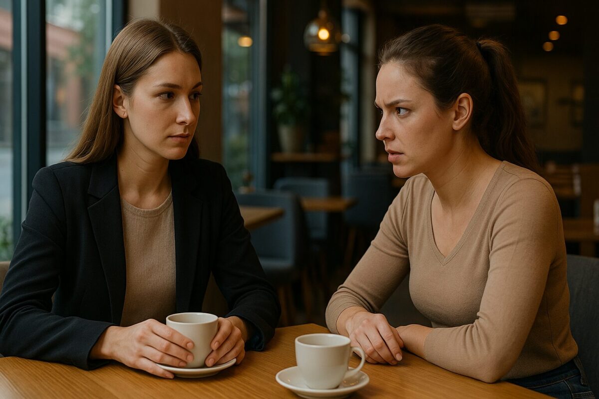 Молодая девушка Кира сидит за столиком кафе, напротив неё — напряженная Маргарита, между ними происходит серьезный разговор