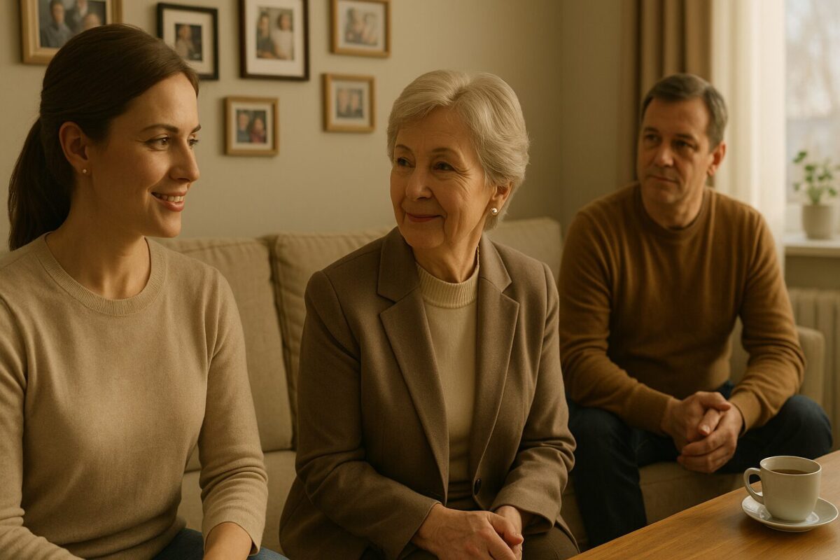 Невестка Лида и свекровь Светлана Петровна смеются за чашкой чая в уютной гостиной