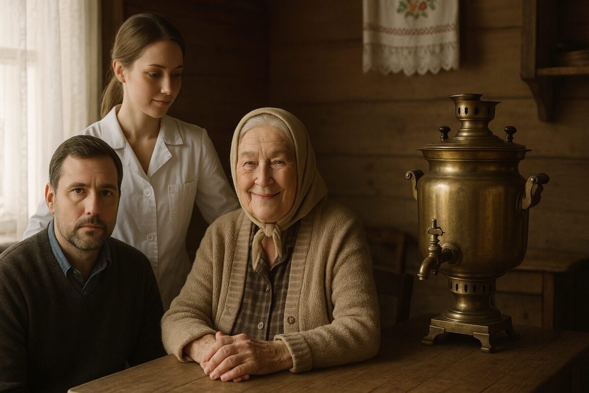 Бывший хирург Артём помогает пожилой пациентке Марии Андреевне в деревенском доме, рядом — медсестра Ольга