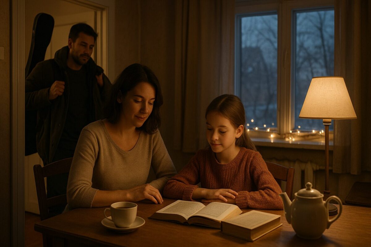 : Женщина с девочкой за столом встречают мужчину с гитарой в домашней обстановке