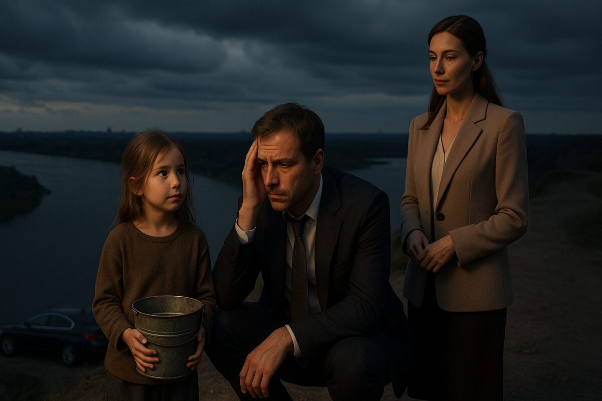 Бизнесмен на обрыве встречает девочку с ведром у машины на закате, драматическая сцена спасения