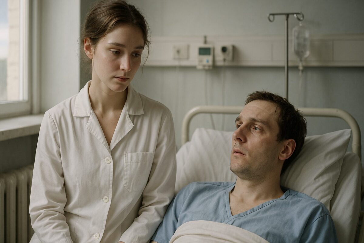 Молодая санитарка в белом халате склонилась над пациентом в больничной палате. Момент спасения жизни