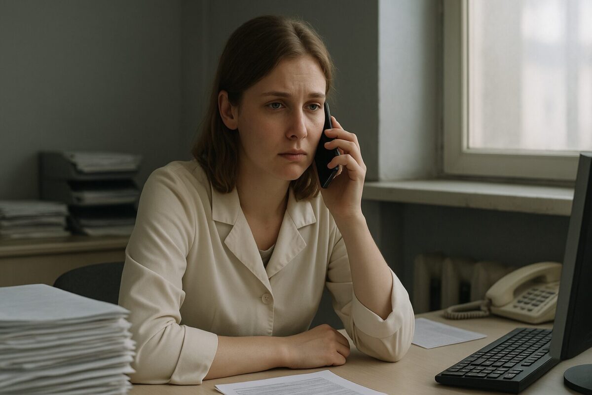 Молодая женщина устало говорит по телефону на работе, чувствуя несправедливость.