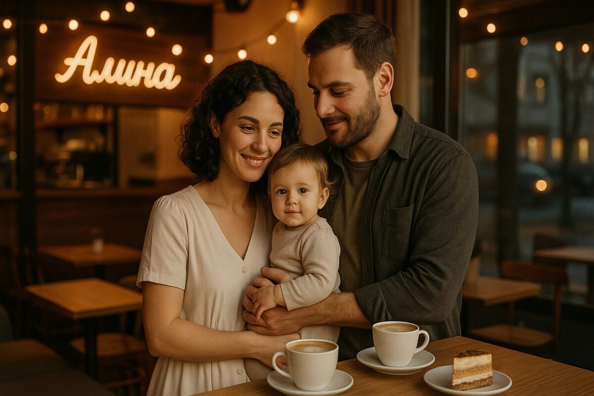 Счастливая семья в кафе «Алина»: женщина с ребёнком и мужчина обнимаются в тёплой атмосфере