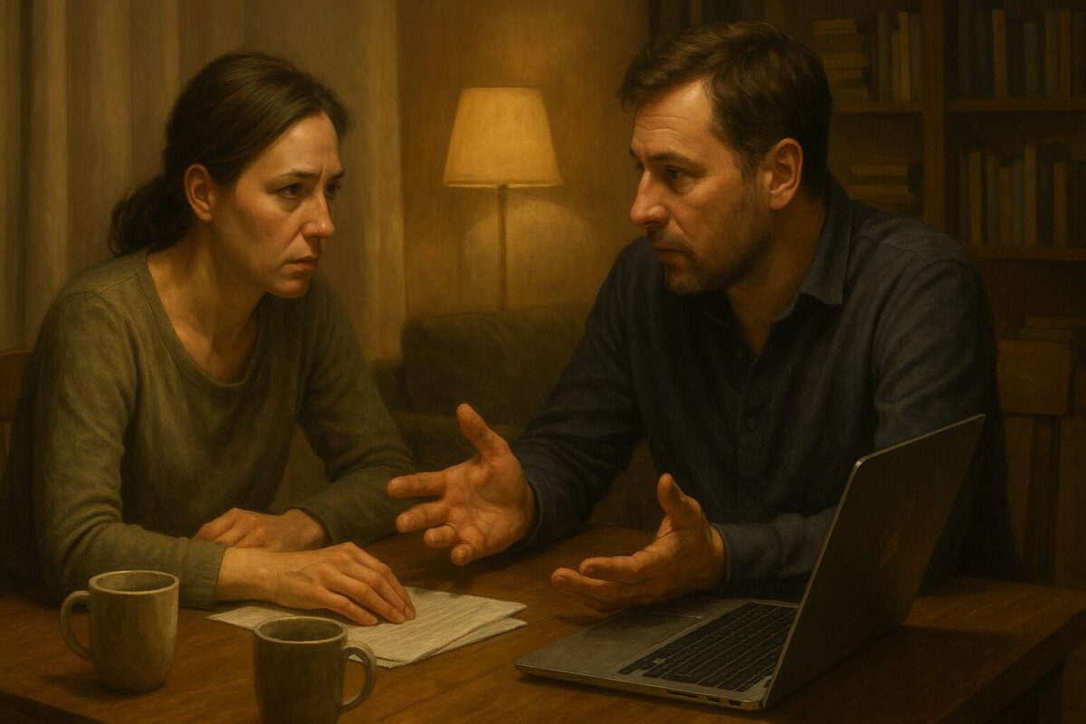 Муж и жена в напряжённом разговоре на кухне