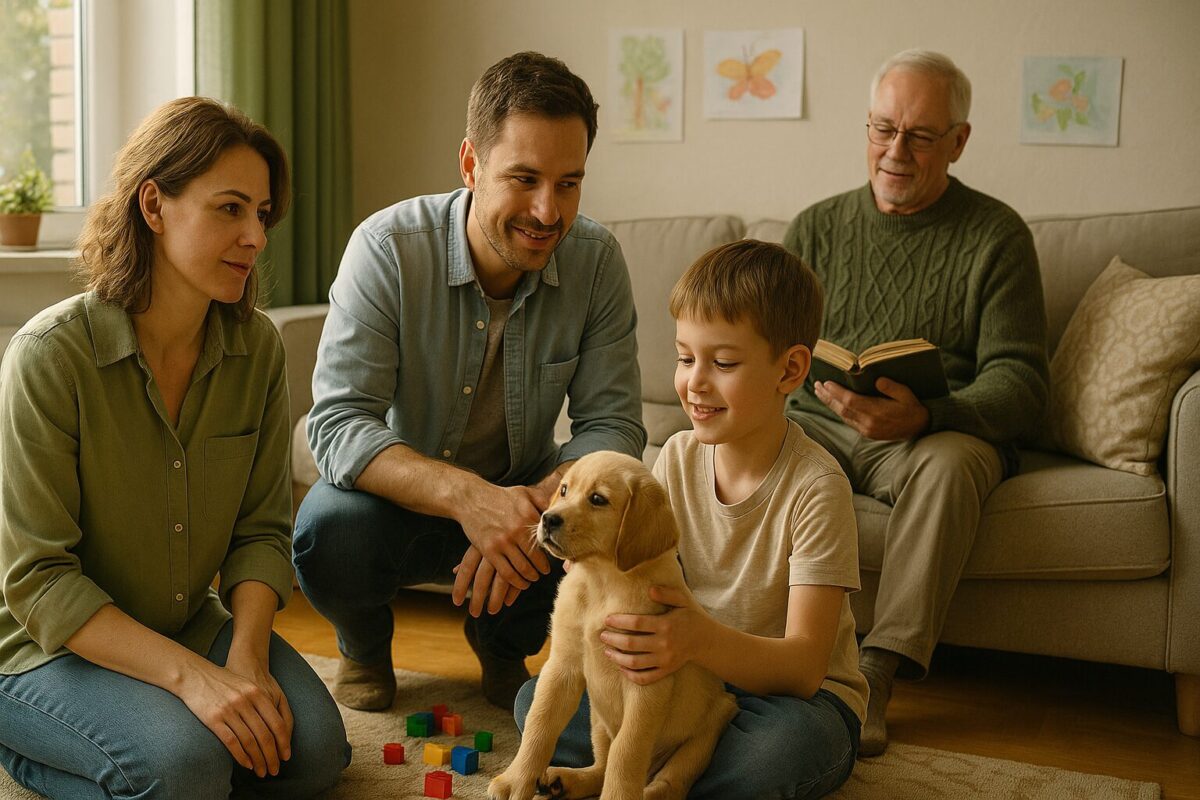 Семья в светлой квартире: женщина, мужчина, мальчик и щенок улыбаются, царит атмосфера уюта