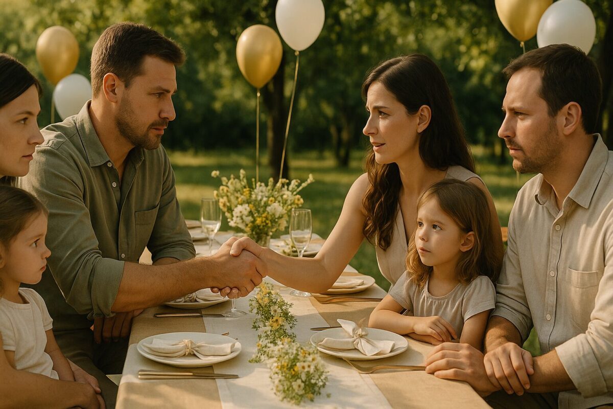Семья за праздничным столом на даче: Ася, Никита, Кирилл с женой и дочерью; момент примирения после долгой разлуки