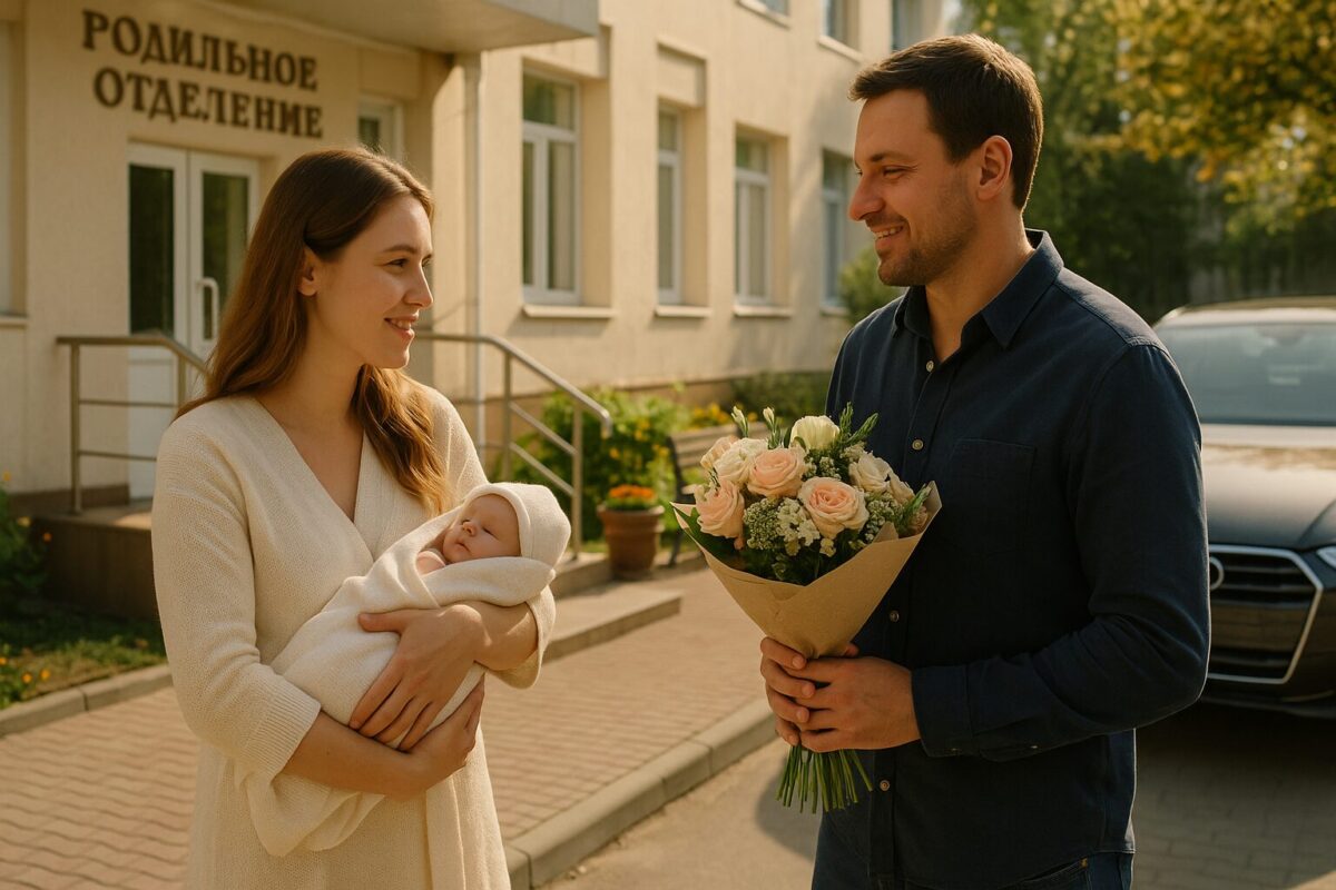 Василиса с новорождённой дочерью у роддома; Ванька встречает их с букетом, готовясь начать новую жизнь вместе