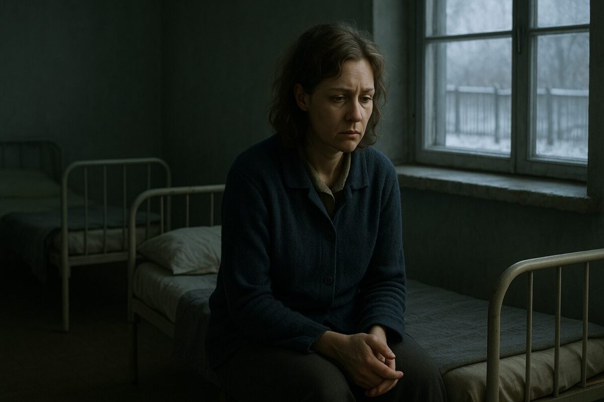 Женщина сидит на кровати в комнате реабилитационного центра, взгляд потухший, вокруг — признаки унылой рутины