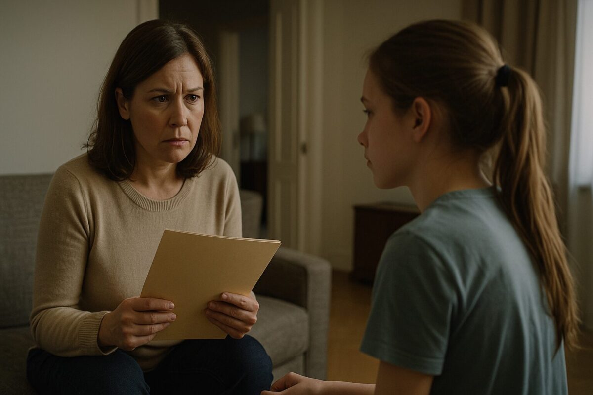Мать показывает дочери документы после того, как свекровь настроила её против отчима. Серьёзный разговор