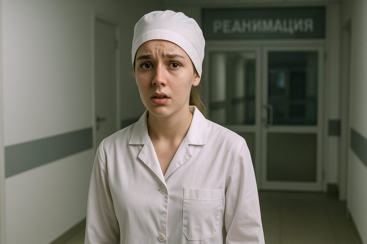 Девушка против домогавшегося её воспитателя — Анна в больничном коридоре, испуганное лицо, медицинский халат