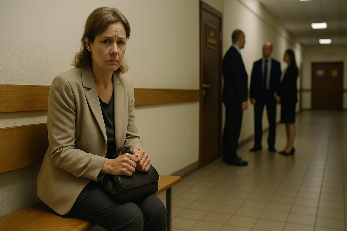 Развод и раздел квартиры — женщина в суде перед заседанием, тревожное ожидание решения