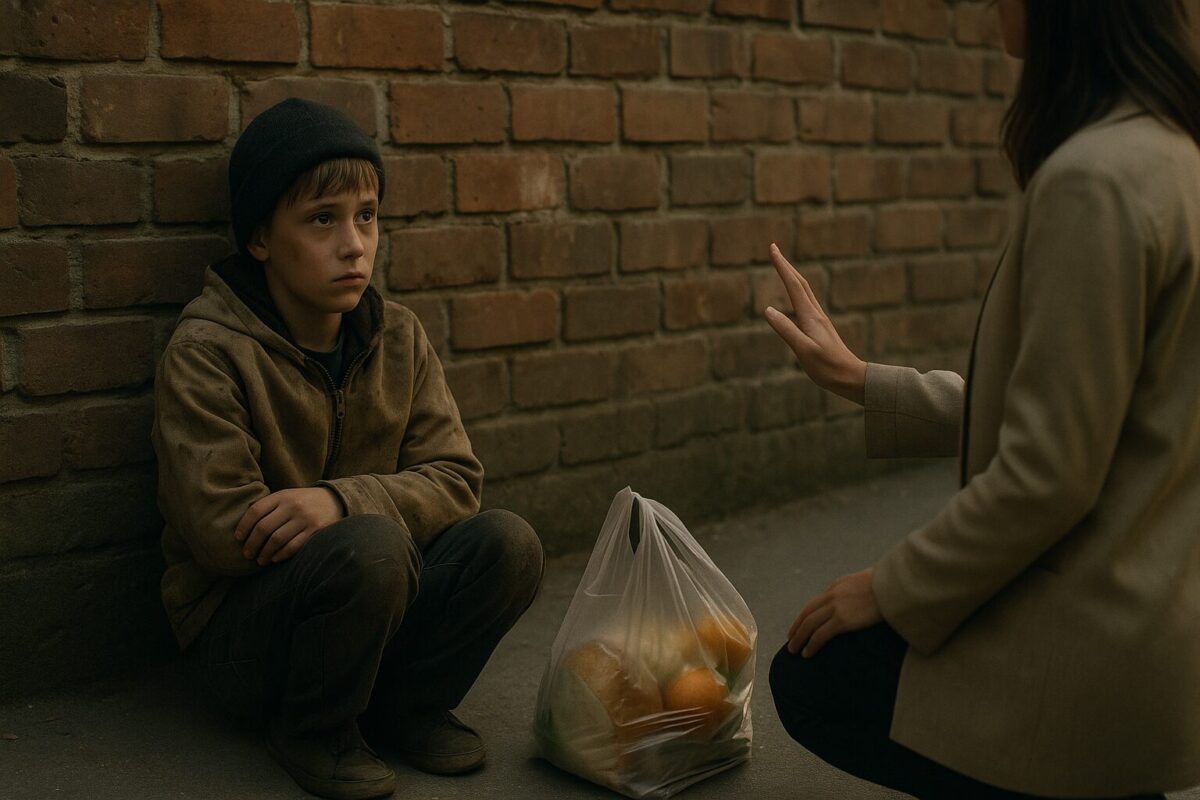 женщина и мальчик у магазина, пакет с едой на земле, недоверчивый взгляд ребёнка