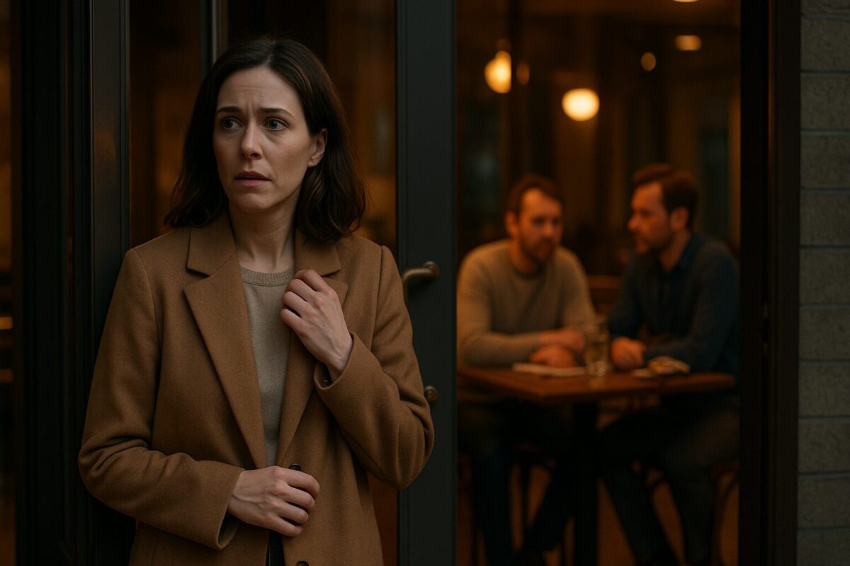 Влюбляться тут вообще не к месту — женщина у бистро, муж и брат внутри обсуждают поездку на озеро