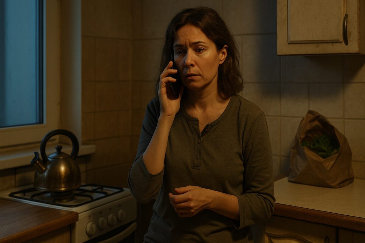 Твой снова кадрит всех подряд? — женщина на кухне говорит по телефону, вечер, чайник и пакет с рынка