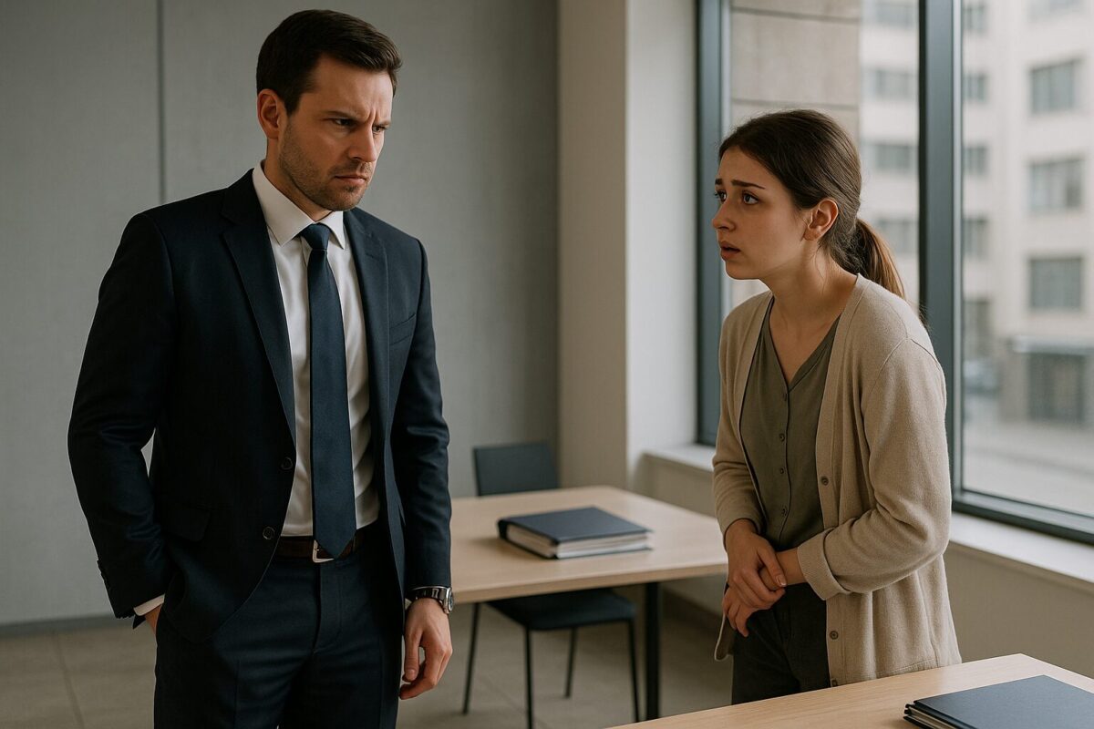 Современный офис в деловом центре с большими окнами, через которые льётся мягкий дневной свет. Алексей, 33 года, в строгом костюме и с часами на запястье, стоит с выражением сдержанного раздражения. Напротив — Катя, 23 года, с карими глазами, в скромной одежде, немного запыхавшаяся после опоздания.
