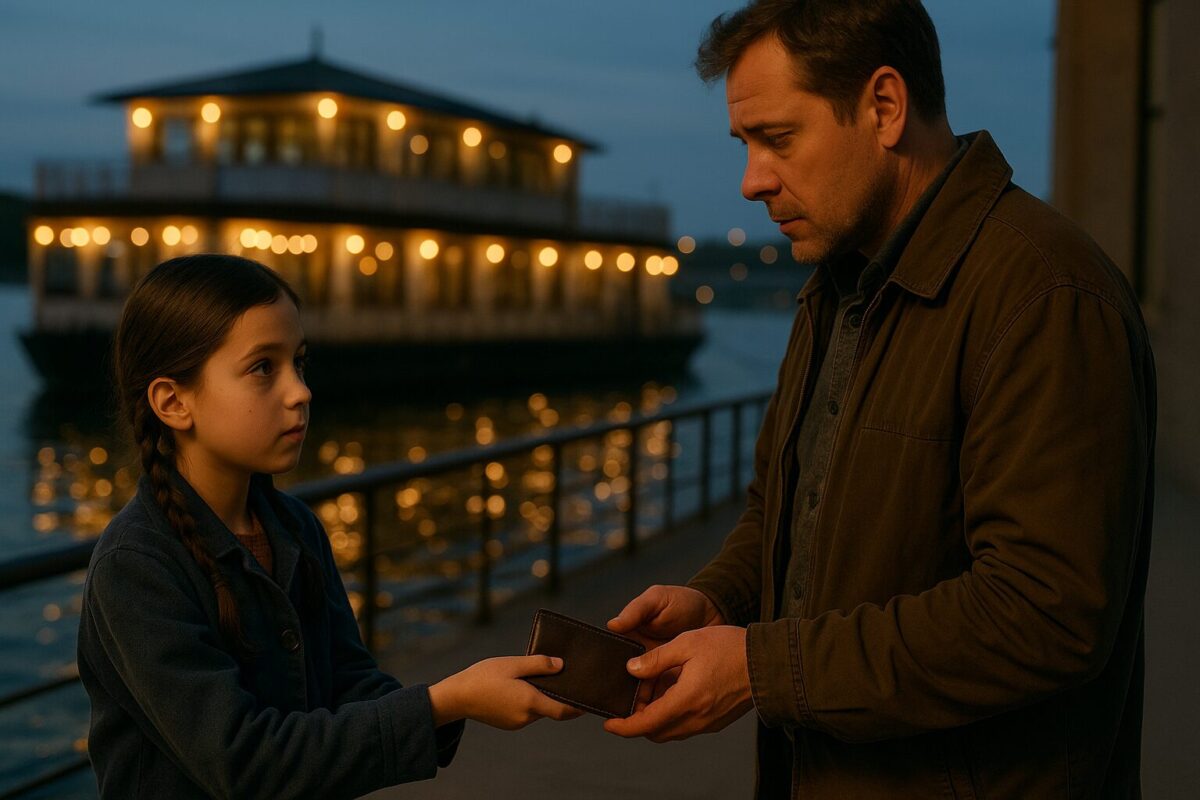 Девочка возвращает бумажник мужчине у ресторана на набережной