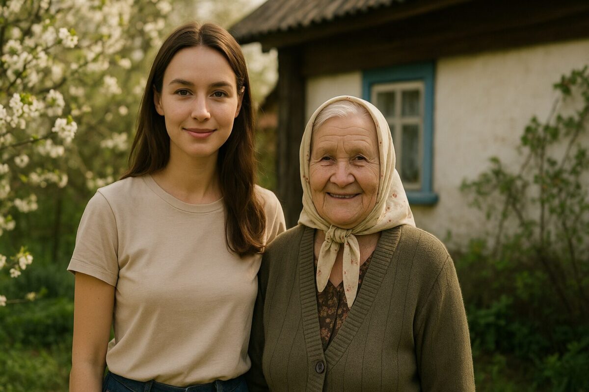 Девушка и пожилая женщина у деревенского дома с садом