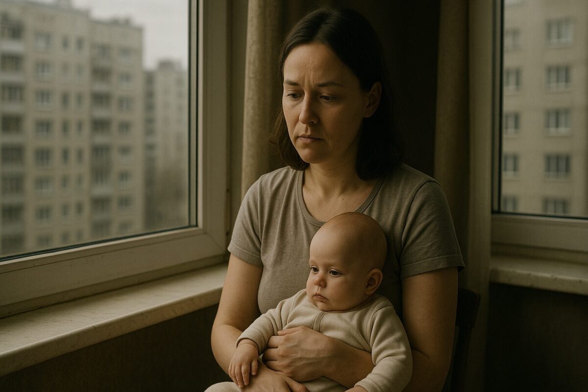 Женщина с внуком у окна, материнская забота и любовь