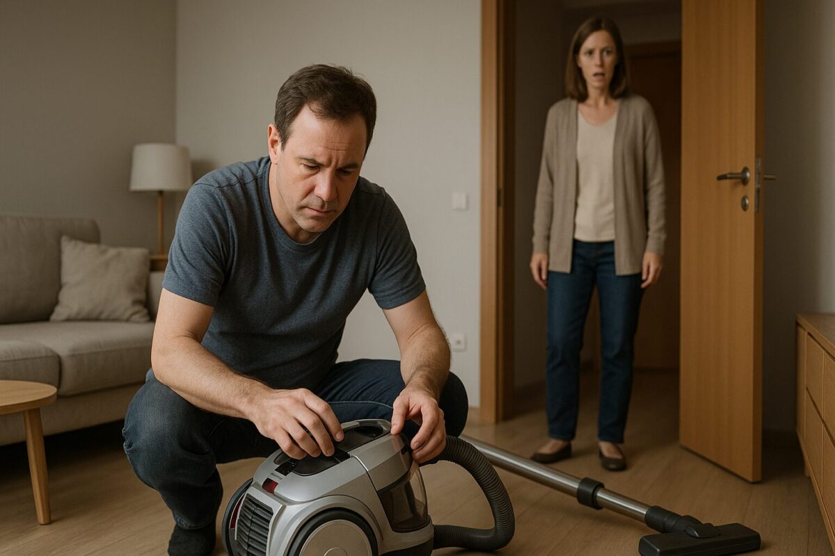 Женщина в дверях смотрит на бывшего мужа, который ремонтирует технику в своей квартире