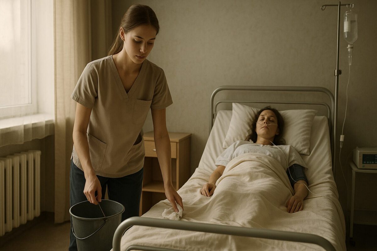 Санитарка в больничной палате рядом с пациенткой