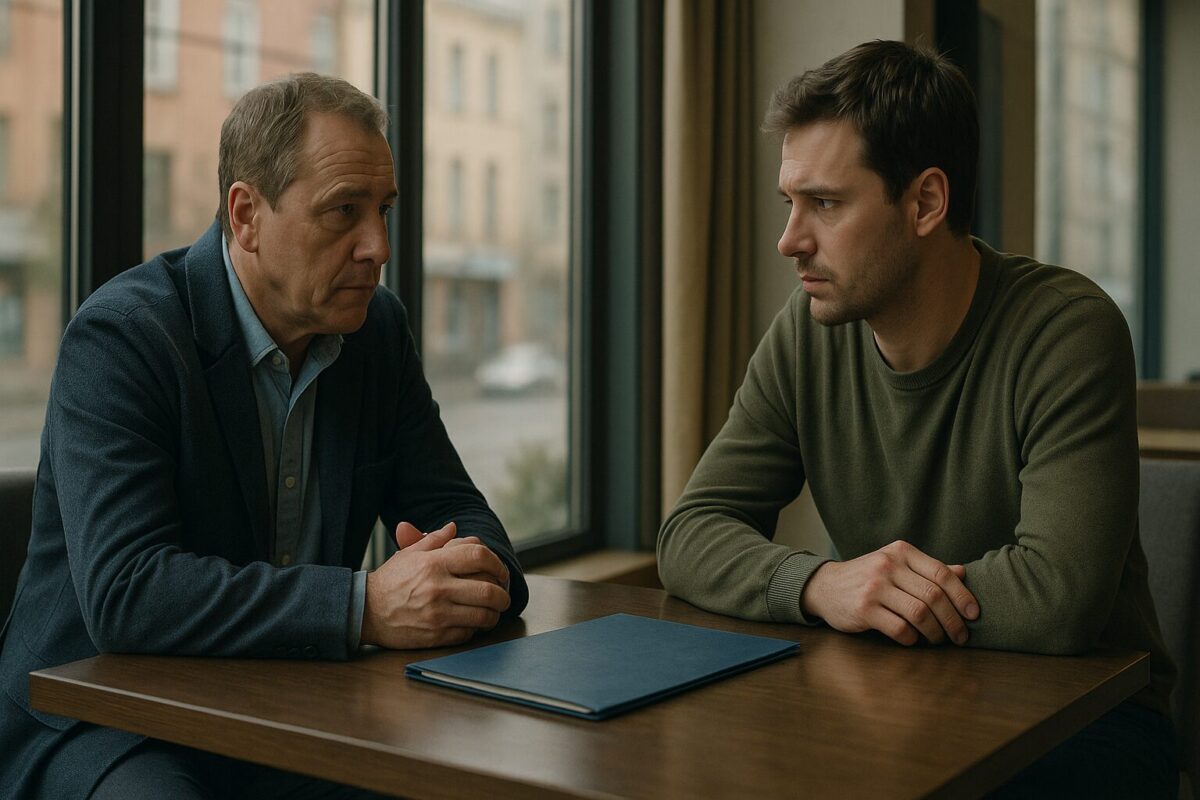 Отец и сын беседуют в кафе над документами