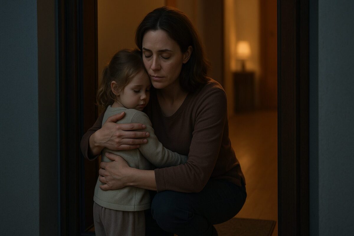 Женщина обнимает маленькую девочку на пороге дома, иллюстрация к рассказу об удочерении