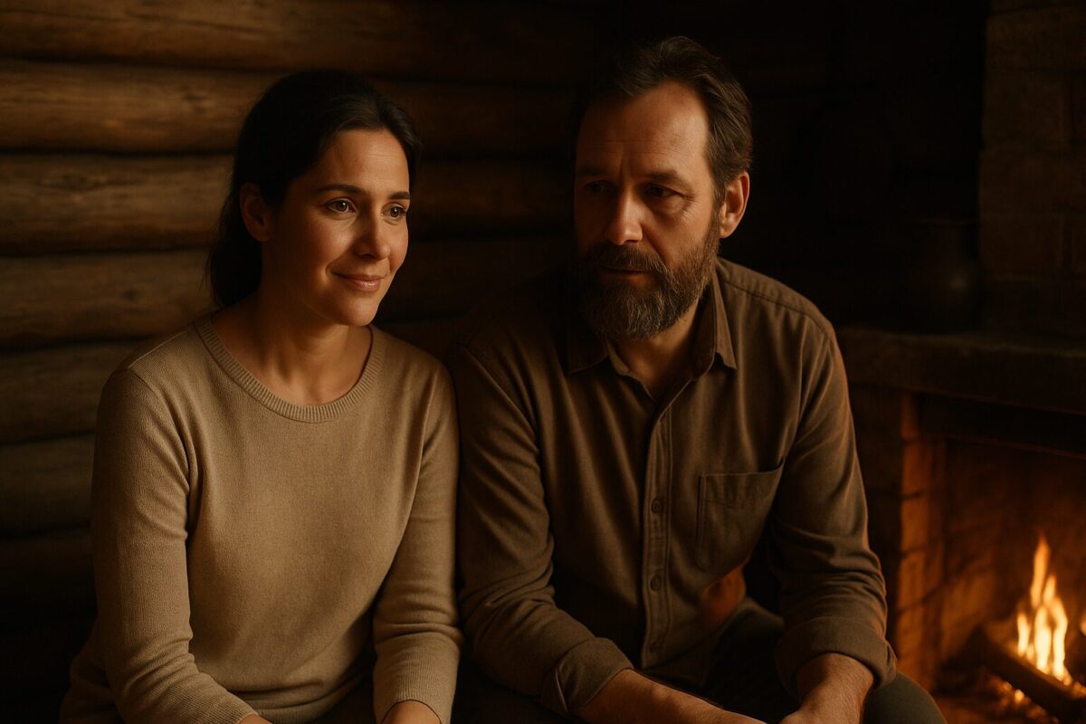 Женщина и мужчина в лесной избе после спасения